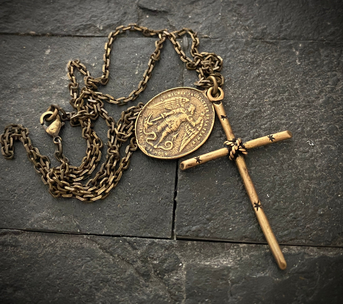 Men&#39;s Antiqued Brass Dual Pendant Necklace with Rope Tied Cross and Archangel St. Michael Medal, Unisex Necklace, BR-036, Johnny Ltd