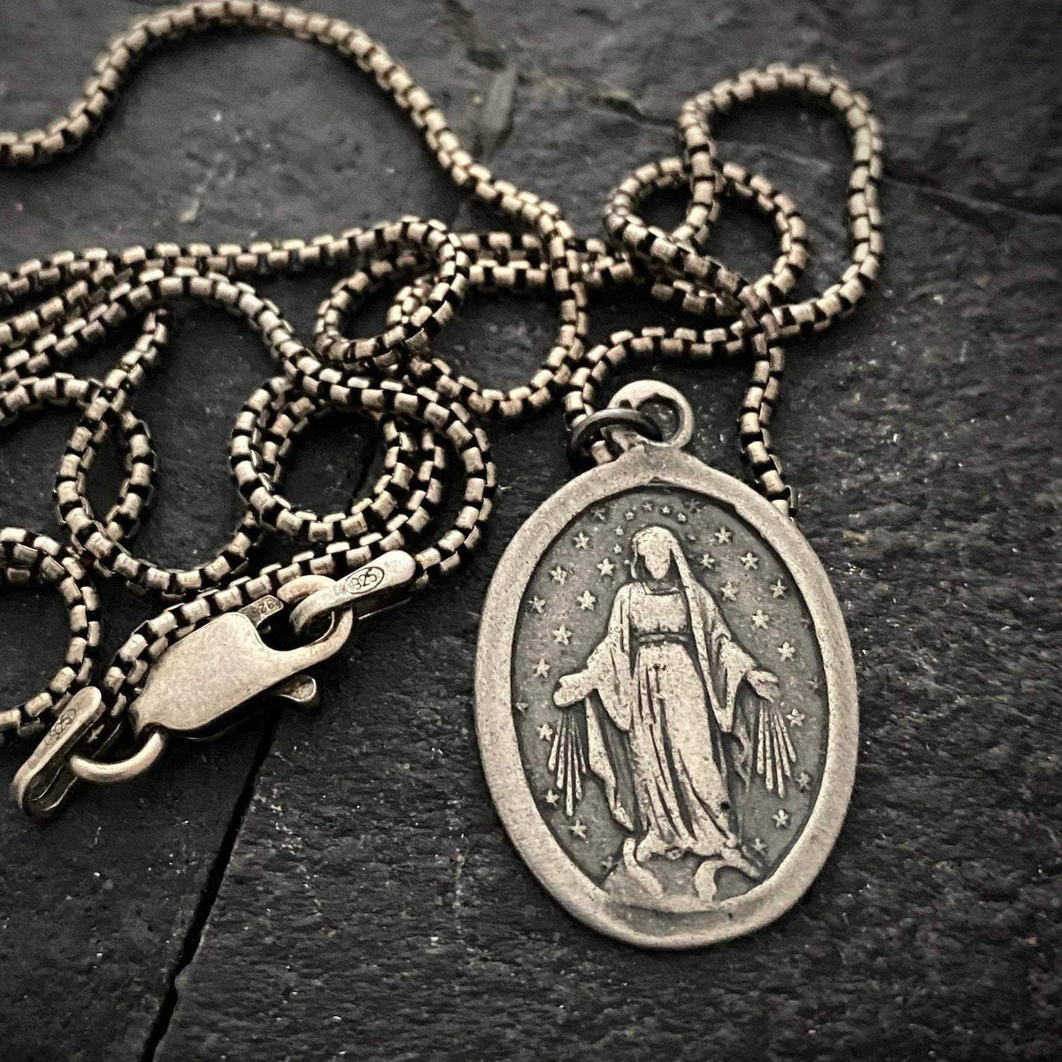 Mary Medal Sterling Silver Men&#39;s Necklace, Unisex Jewelry, Catholic Religious Gift, SS-007