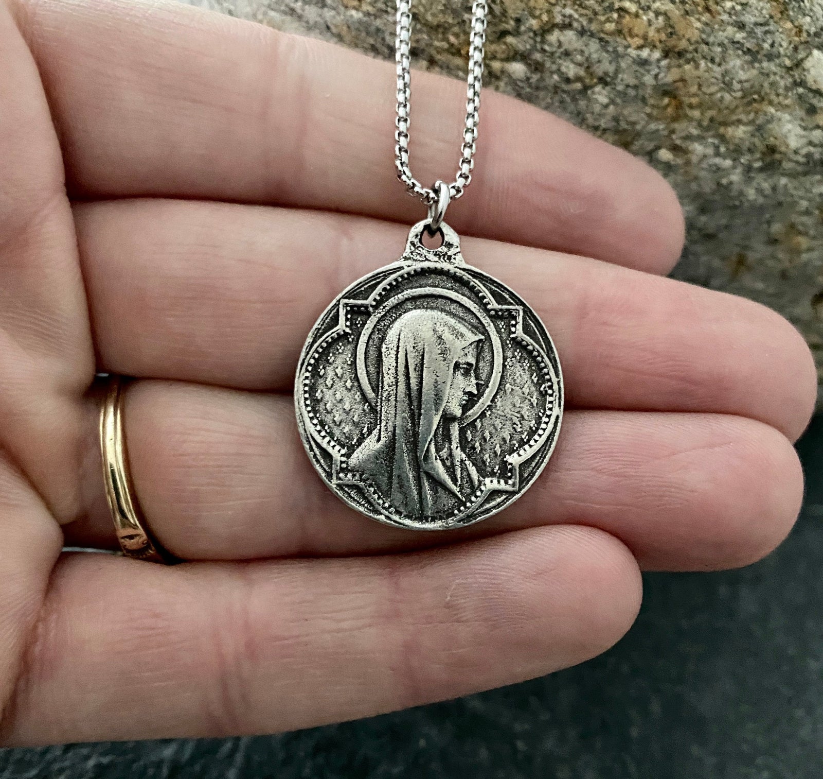 Mary Medal Necklace, Religious Jewelry, Catholic Mens Gift, 20 or 24 inches, ST-027