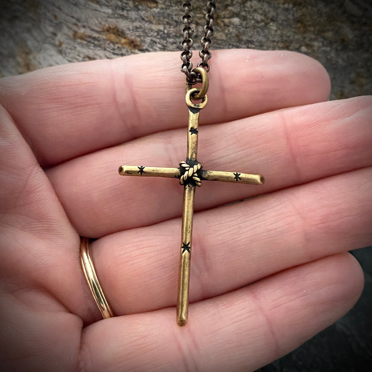 Men&#39;s Solid Bronze and Brass Simple Rope Cross Necklace, Unisex Necklace, BR-022