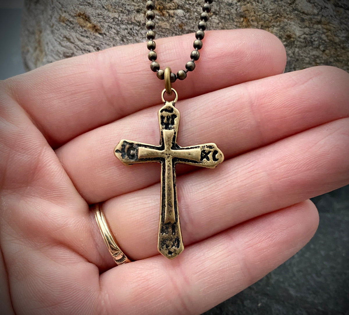 Ancient Antique Bronze Cross on Men&#39;s Brass Bead Chain, Unisex Necklace, Antiqued Medieval Cross, Men&#39;s Fashion, BR-029