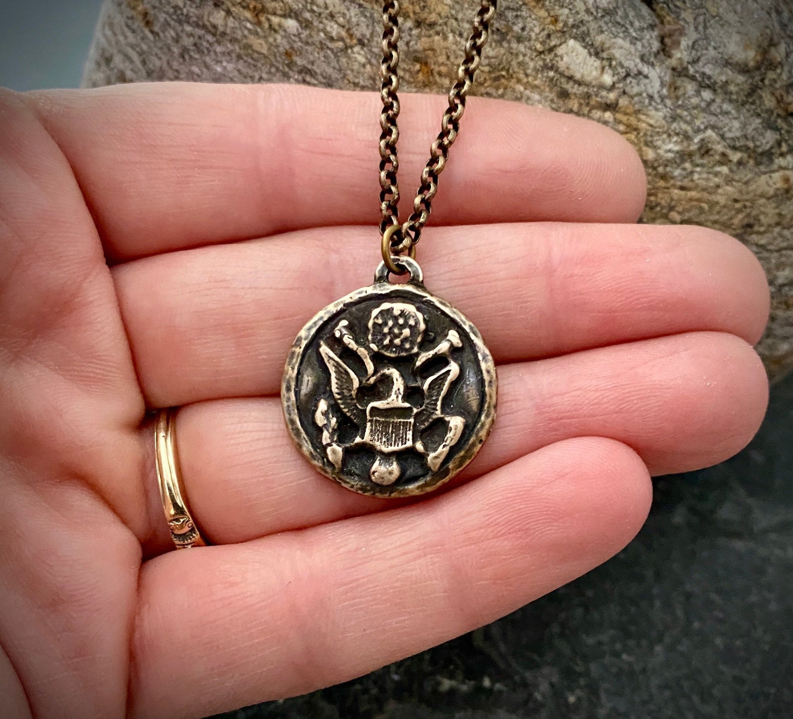 Men's Eagle Necklace, Brass and Bronze Jewelry cast from Antique Military Button, Great American Seal, 20 or 24 Inch Rolo Chain, BR-044