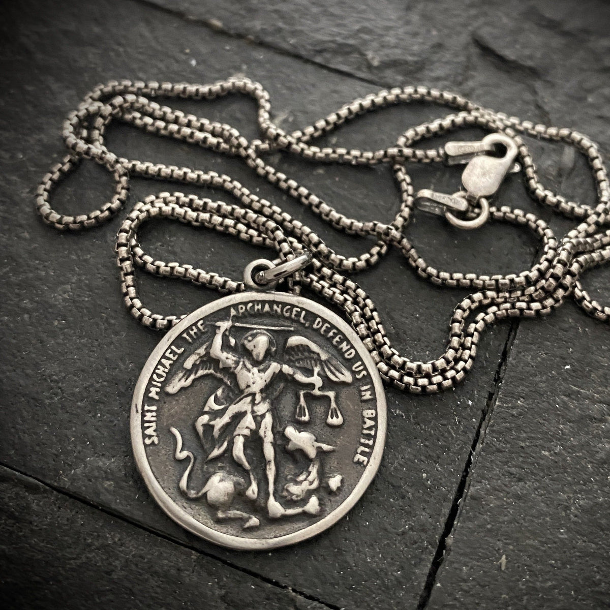 Men&#39;s Sterling Silver Archangel St. Michael Necklace, Oxidized Silver Unisex Jewelry, 20 or 24 Inch Chain, SS-014