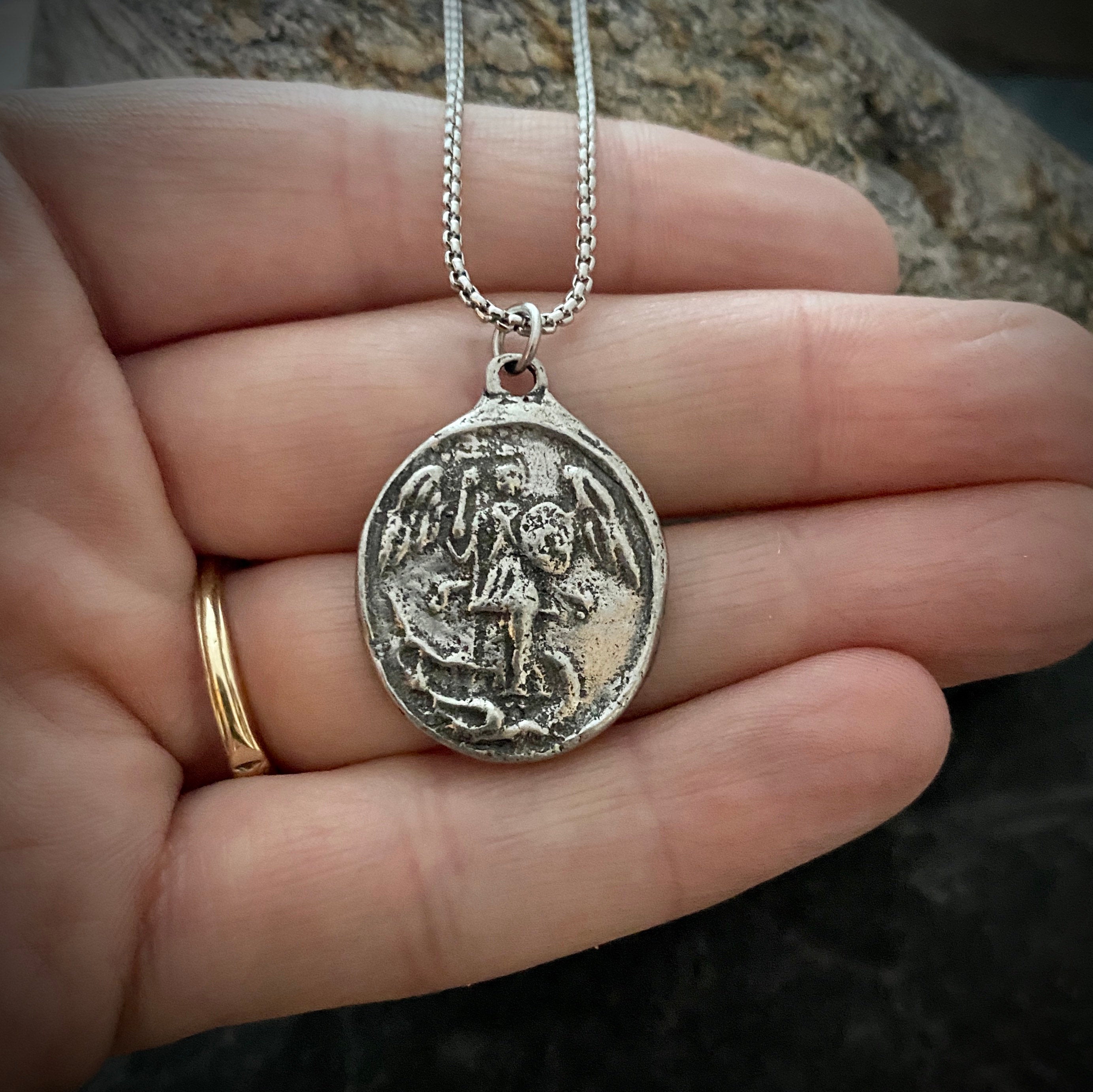 St. Michael the Archangel And Cross Medal Men s Unisex Necklace Relig Vintage Gentlemen