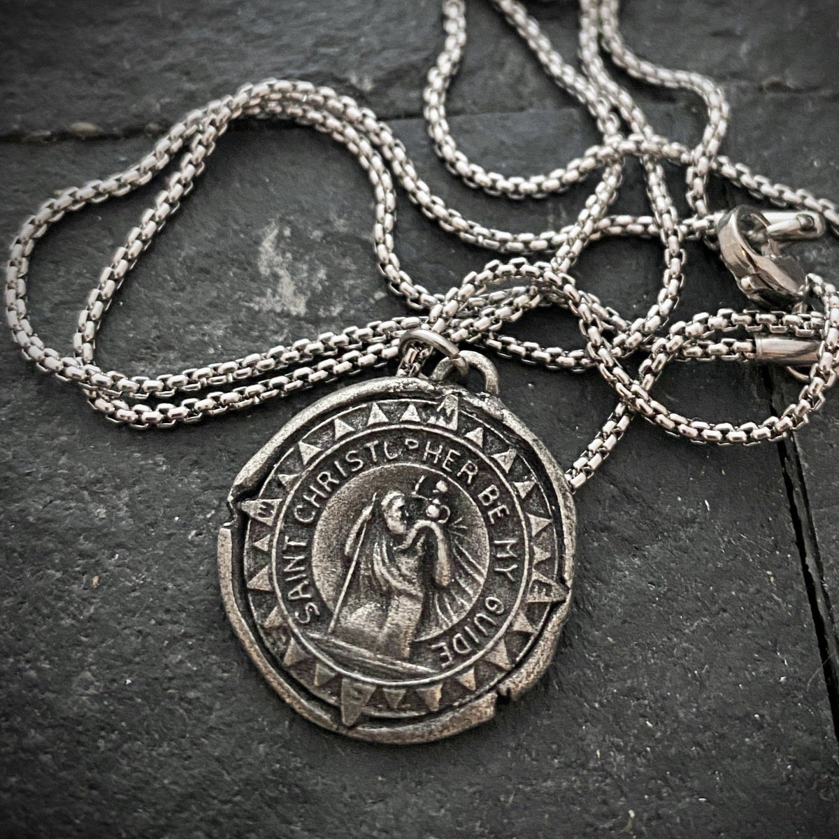 Men&#39;s necklace with St. Christopher Wax Seal Medal, unisex necklace, Chain length in 20 or 24 inches ST-010