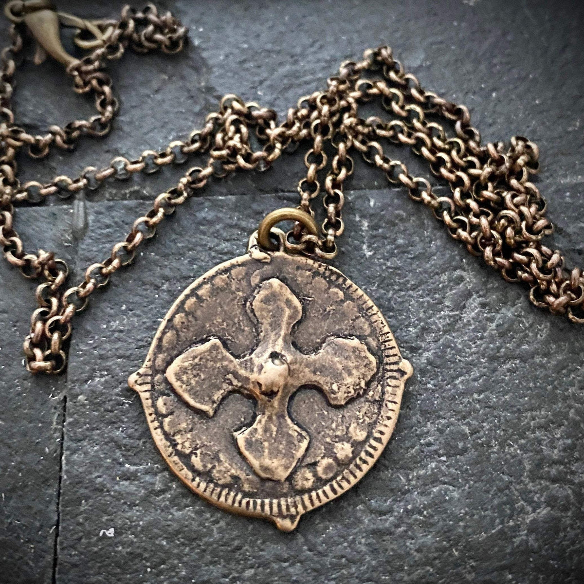 Men&#39;s Cross Necklace, Archangel St. Michael, Antiqued Brass and Bronze Unisex Jewelry, 20 or 24 Inch Chain, BR-026