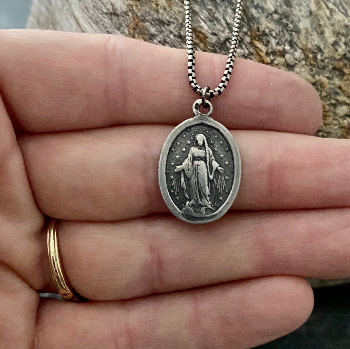 Mary Medal Sterling Silver Men&#39;s Necklace, Unisex Jewelry, Catholic Religious Gift, SS-007