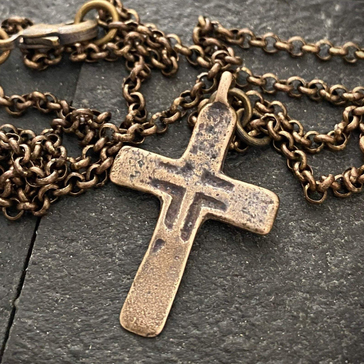 Brass Men&#39;s Necklace with Bronze Cross made from Ancient Medieval Mold