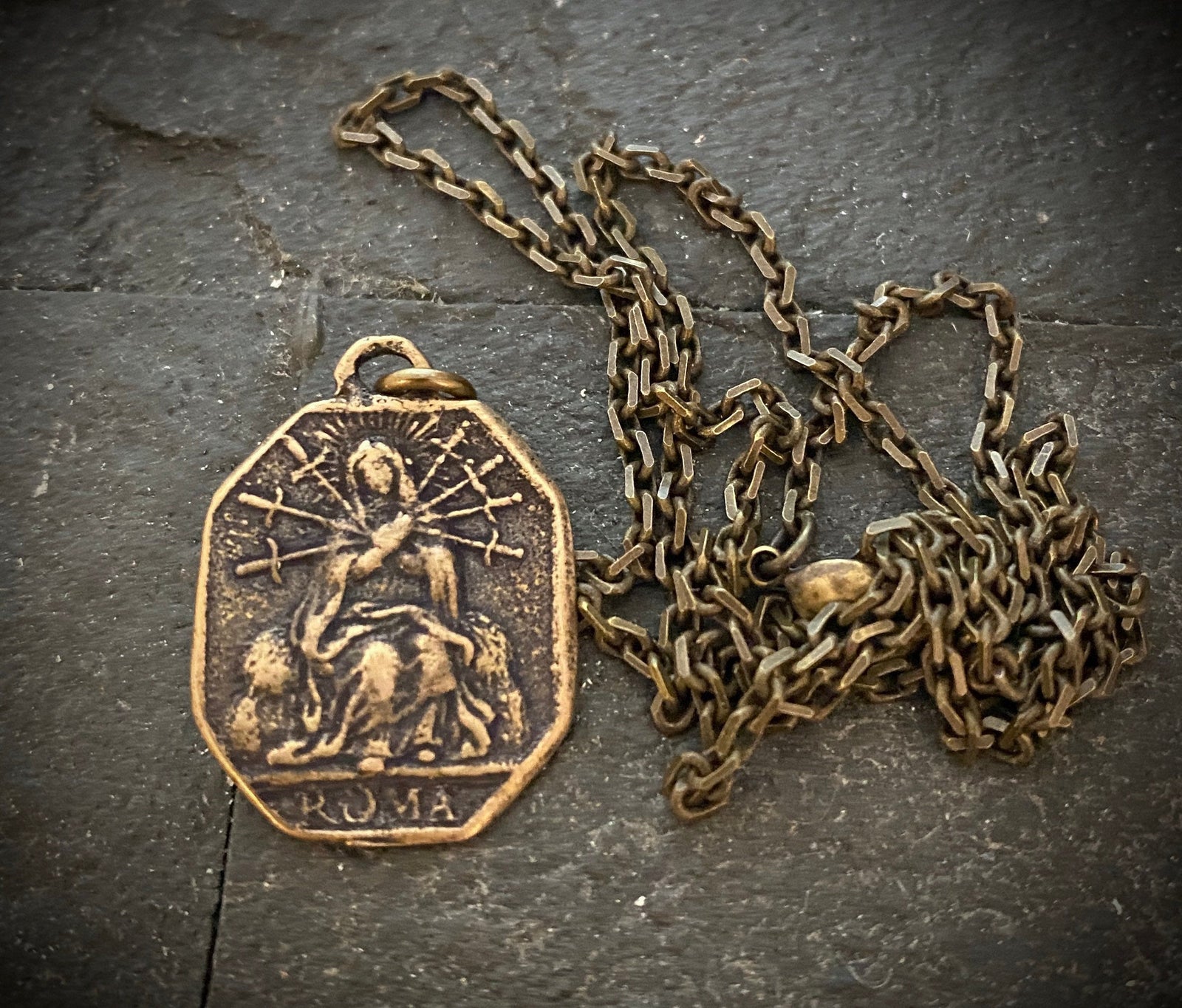 Men's Crucifix Necklace, Mary of 7 Sorrows, Antiqued Brass Bronze Unisex Religious Jewelry, 20 or 24 Inch Chain, BR-027