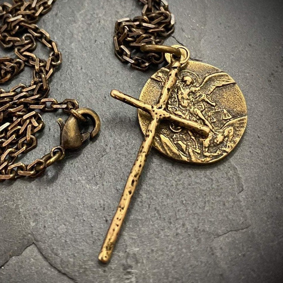 Men&#39;s Necklace, Archangel St. Michael Vintage Style Catholic Medal with Cross, Antiqued Brass Unisex Jewelry, 20 or 24 Inch Chain, BR-034