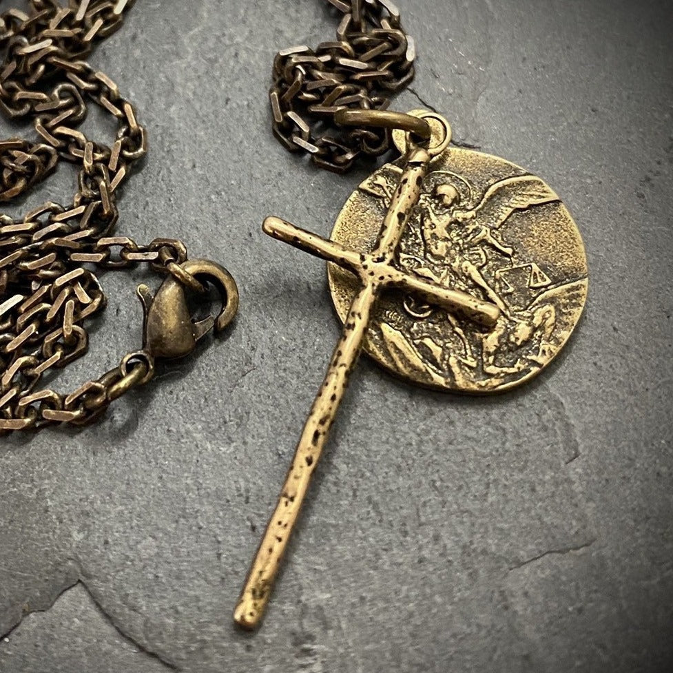 Men&#39;s Necklace, Archangel St. Michael Vintage Style Catholic Medal with Cross, Antiqued Brass Unisex Jewelry, 20 or 24 Inch Chain, BR-034