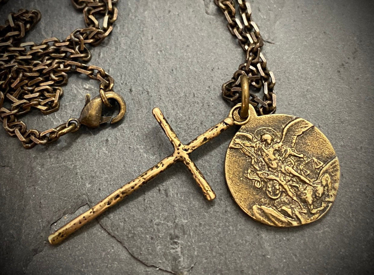 Men&#39;s Necklace, Archangel St. Michael Vintage Style Catholic Medal with Cross, Antiqued Brass Unisex Jewelry, 20 or 24 Inch Chain, BR-034