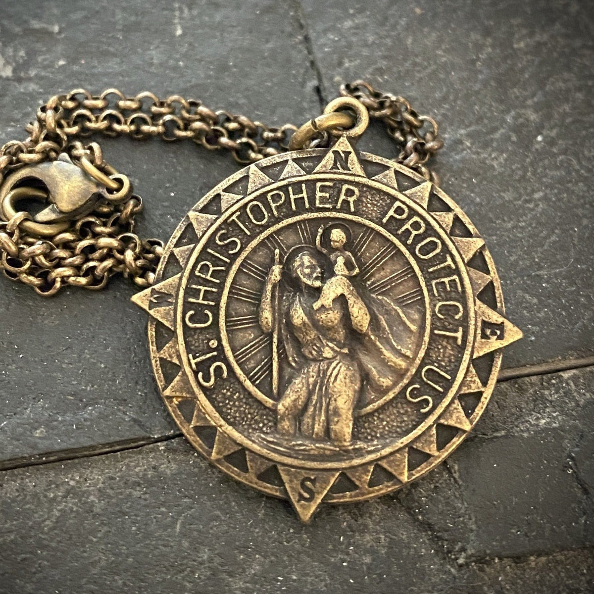 Men&#39;s Antiqued Brass Necklace with Large St. Christopher Medal, Unisex Jewelry, Chain length 20 or 24 inches BR-047