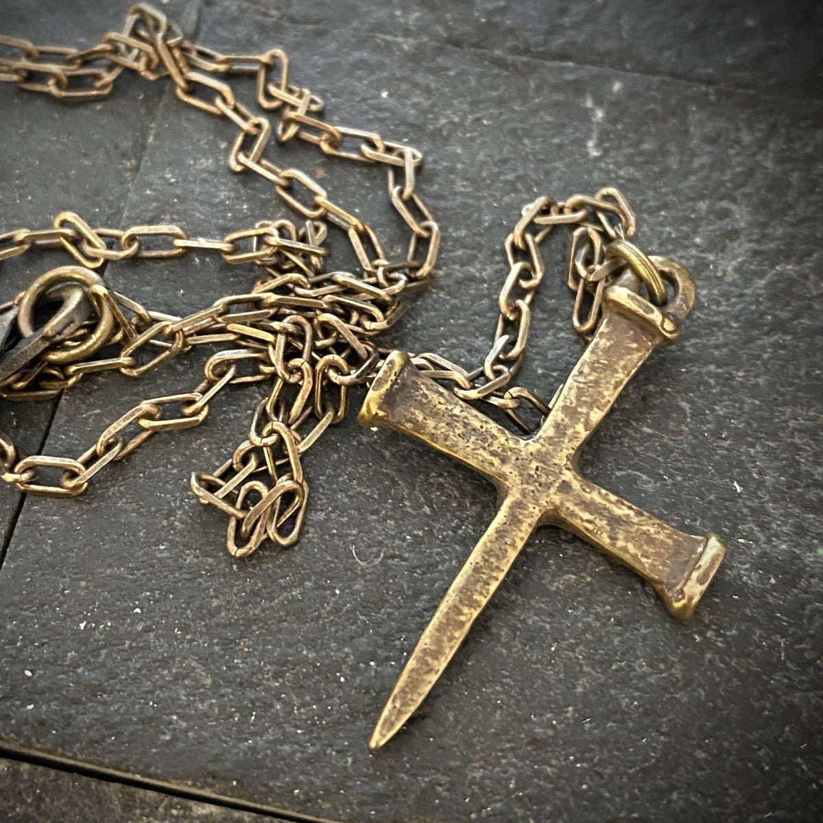 Johnny LTD Nail Spike Cross, Bronze Men&#39;s Necklace, Unisex Jewelry, 20 or 24 inches, BR-046