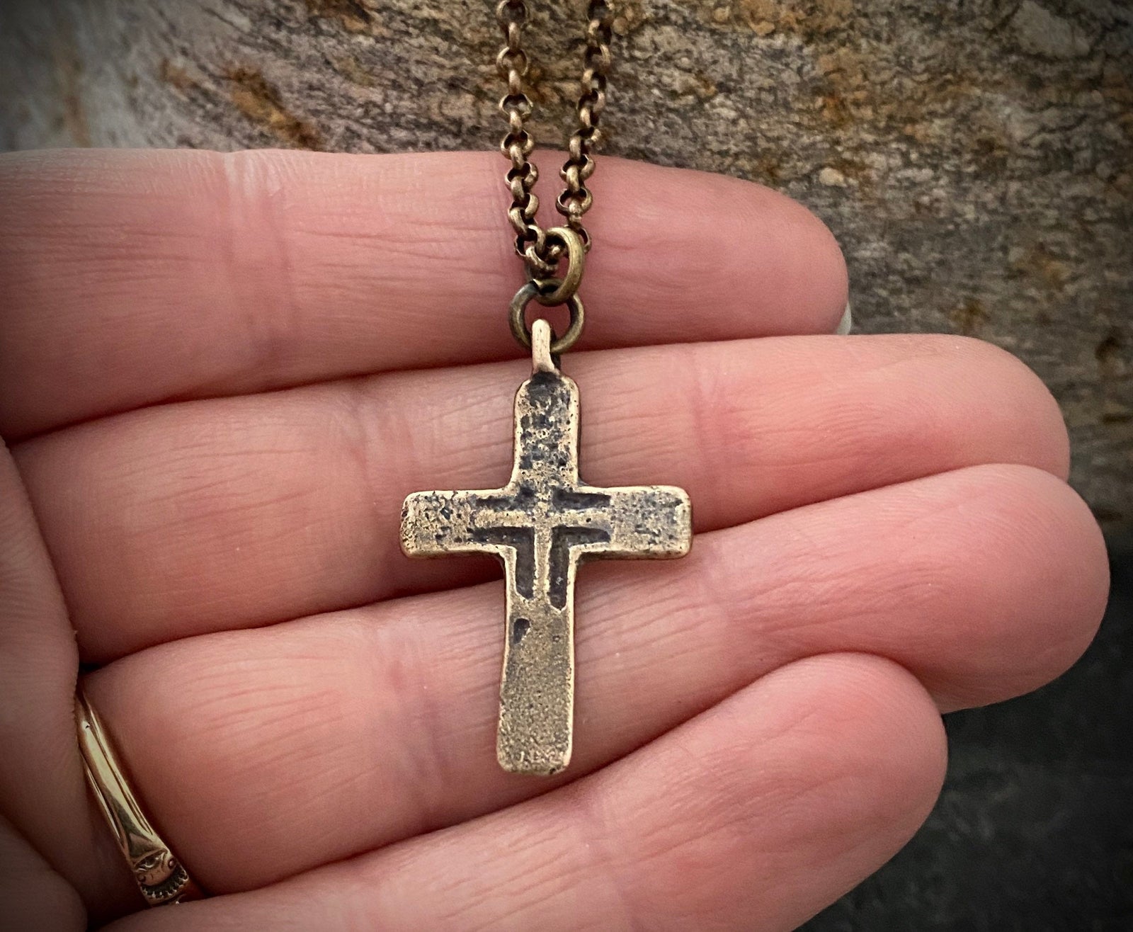 Brass Men's Necklace with Bronze Cross made from Ancient Medieval Mold