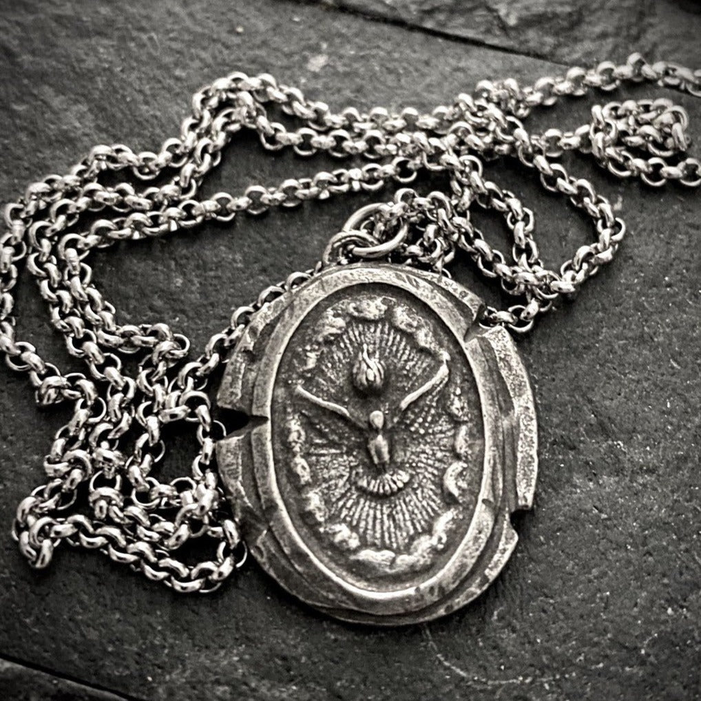 Men&#39;s Necklace with Dove Holy Spirit Wax Seal Medal, Unisex necklace, Catholic Jewelry, `