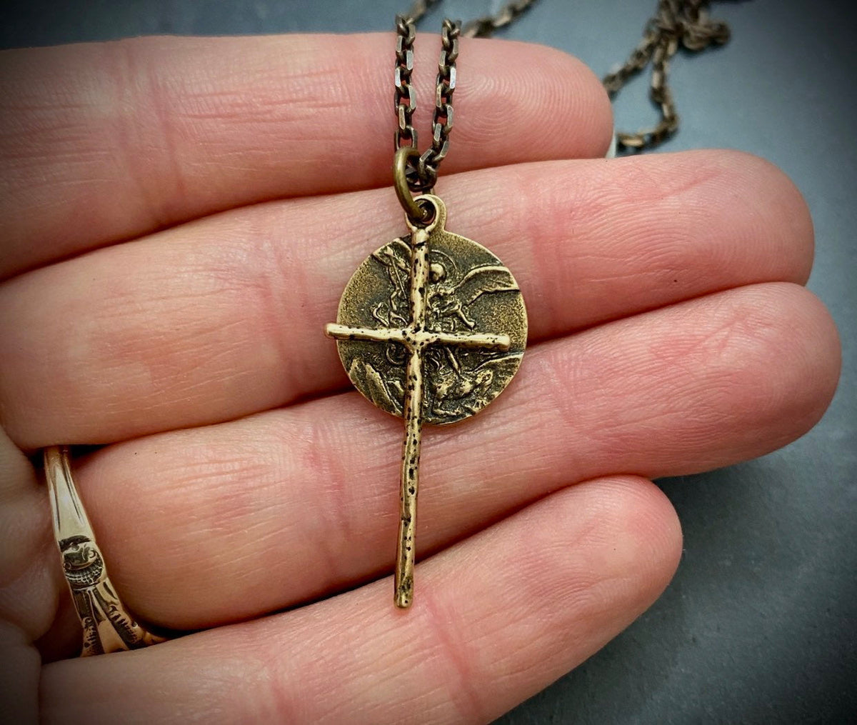 Men&#39;s Necklace, Archangel St. Michael Vintage Style Catholic Medal with Cross, Antiqued Brass Unisex Jewelry, 20 or 24 Inch Chain, BR-034