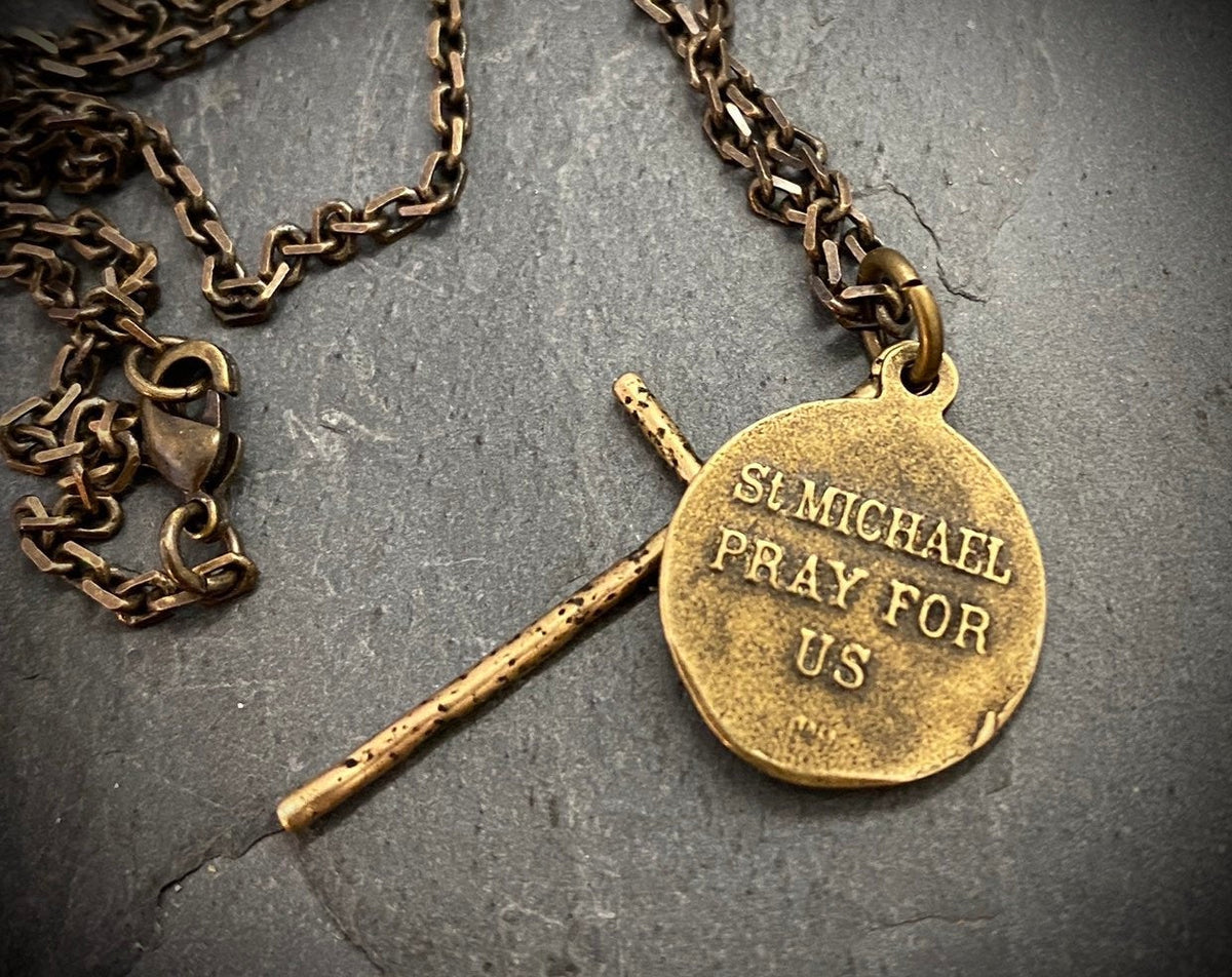 Men&#39;s Necklace, Archangel St. Michael Vintage Style Catholic Medal with Cross, Antiqued Brass Unisex Jewelry, 20 or 24 Inch Chain, BR-034