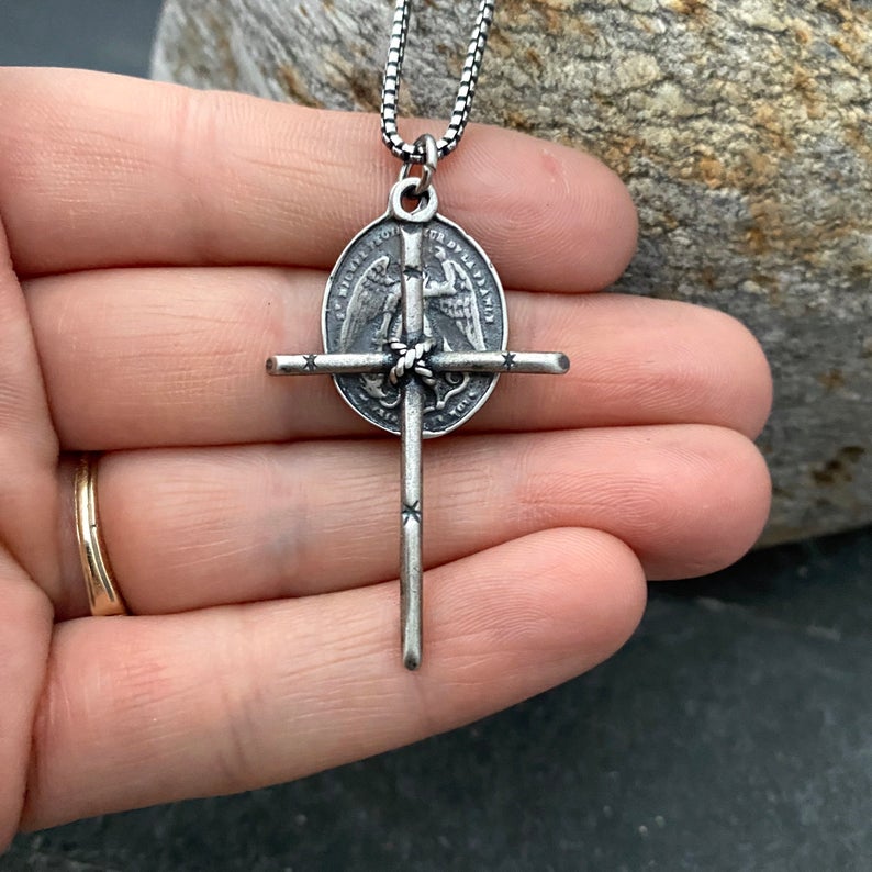 Men&#39;s Sterling Silver Dual Pendant Necklace with Johnny LTD Rope Tied Cross and Archangel St. Michael Medal, Unisex Necklace, SS-010