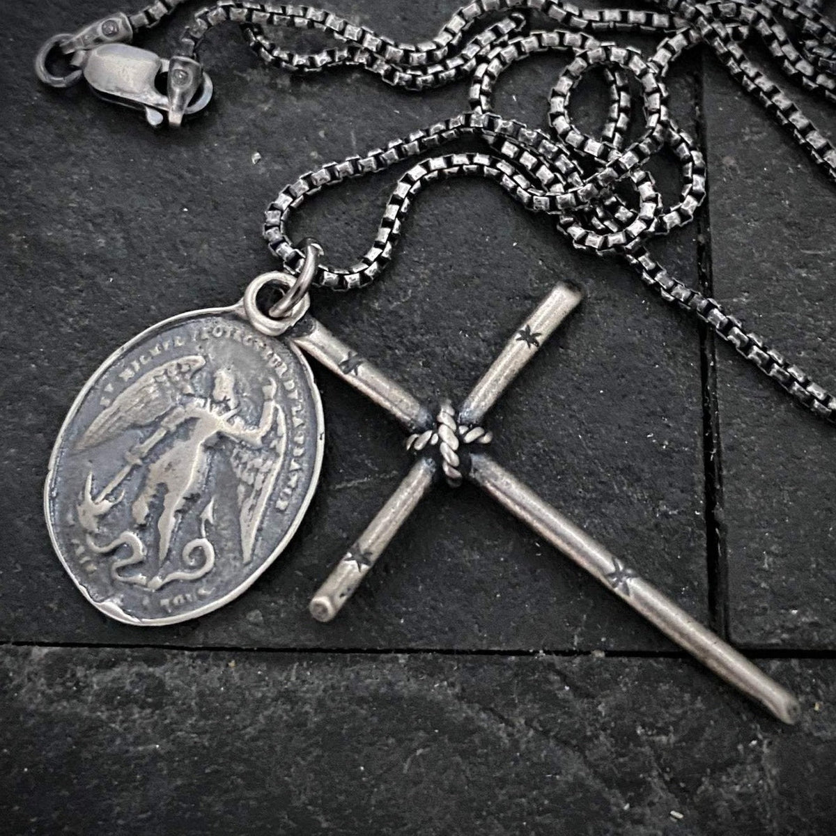 Men&#39;s Sterling Silver Dual Pendant Necklace with Johnny LTD Rope Tied Cross and Archangel St. Michael Medal, Unisex Necklace, SS-010