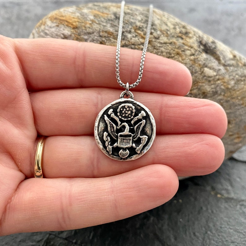Men's Eagle Necklace, Silver Pewter Jewelry cast from Antique Military Button, Great American Seal, 20 or 24 Inch Rolo Chain, ST-039