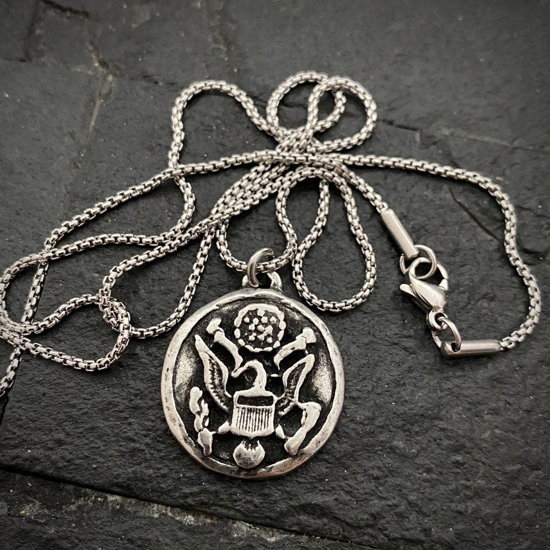 Men&#39;s Eagle Necklace, Silver Pewter Jewelry cast from Antique Military Button, Great American Seal, 20 or 24 Inch Rolo Chain, ST-039