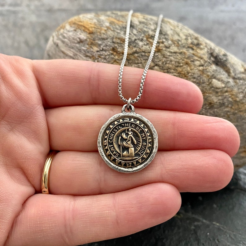 St. Christopher Men's Necklace, Two Tone Mixed Medal, Bronze, Unisex Jewelry, ST-040