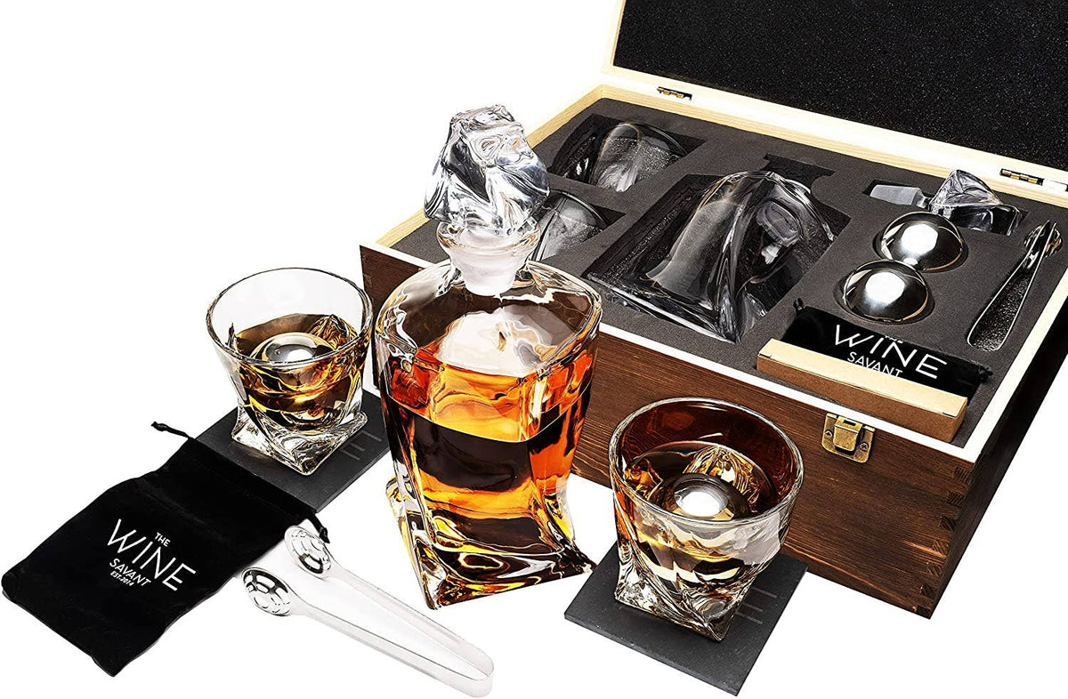 Whiskey Stones &amp; Decanter Gift Set - 2 Glasses, 2 Coasters