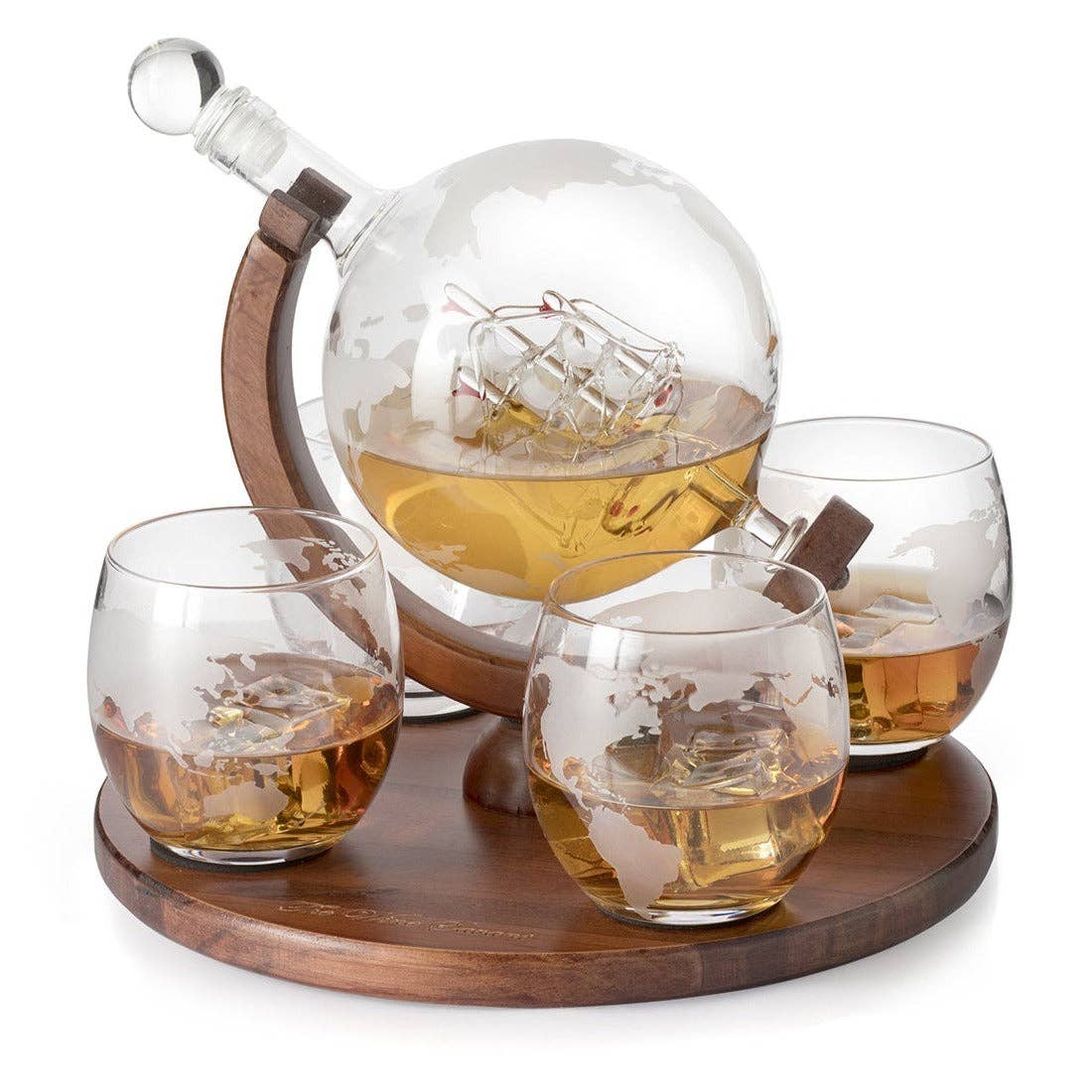 Etched World, Ship Whiskey Globe Decanter Set of 4 Glasses