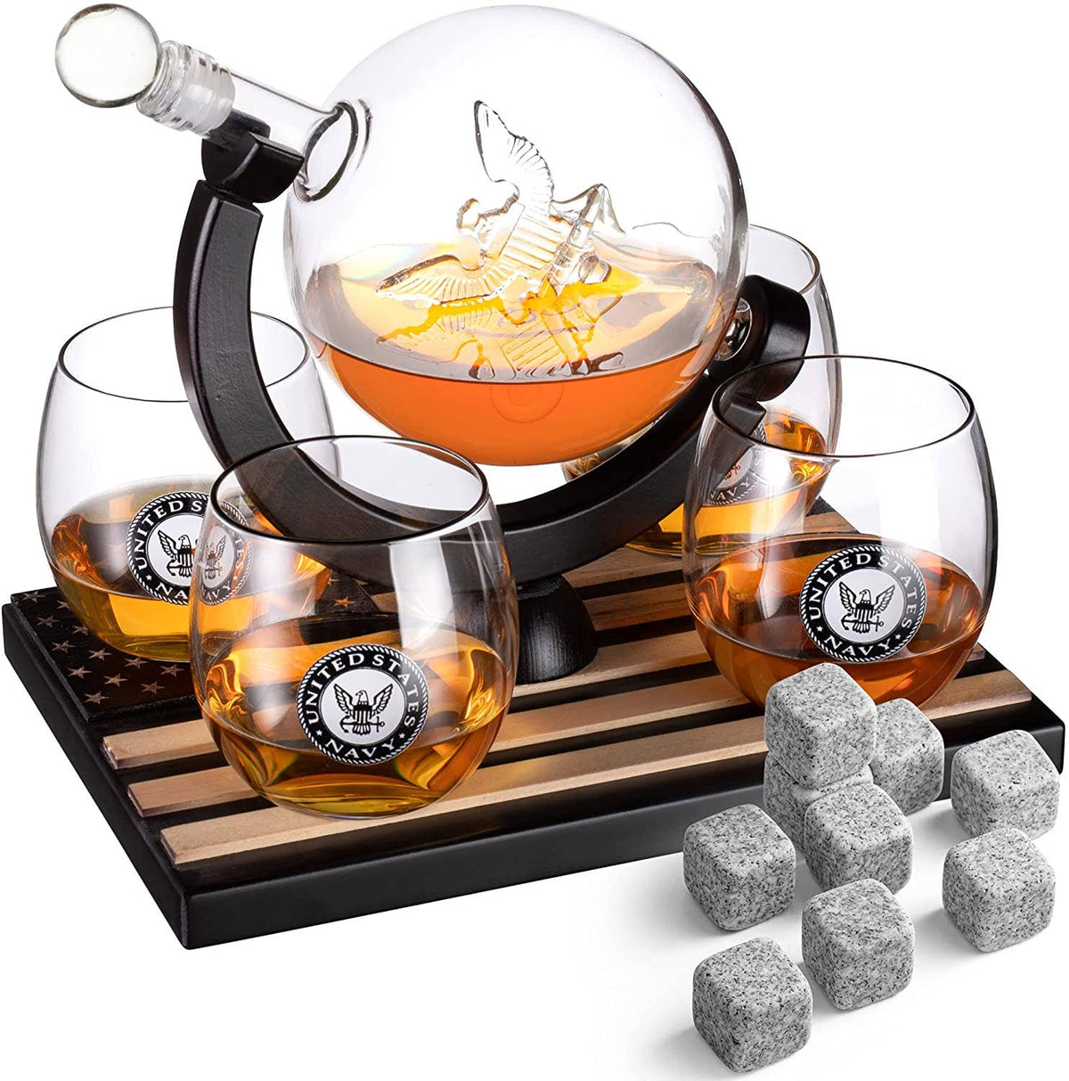 Whiskey Decanter Set with 4 Liquor Glasses &amp; Whiskey Stones