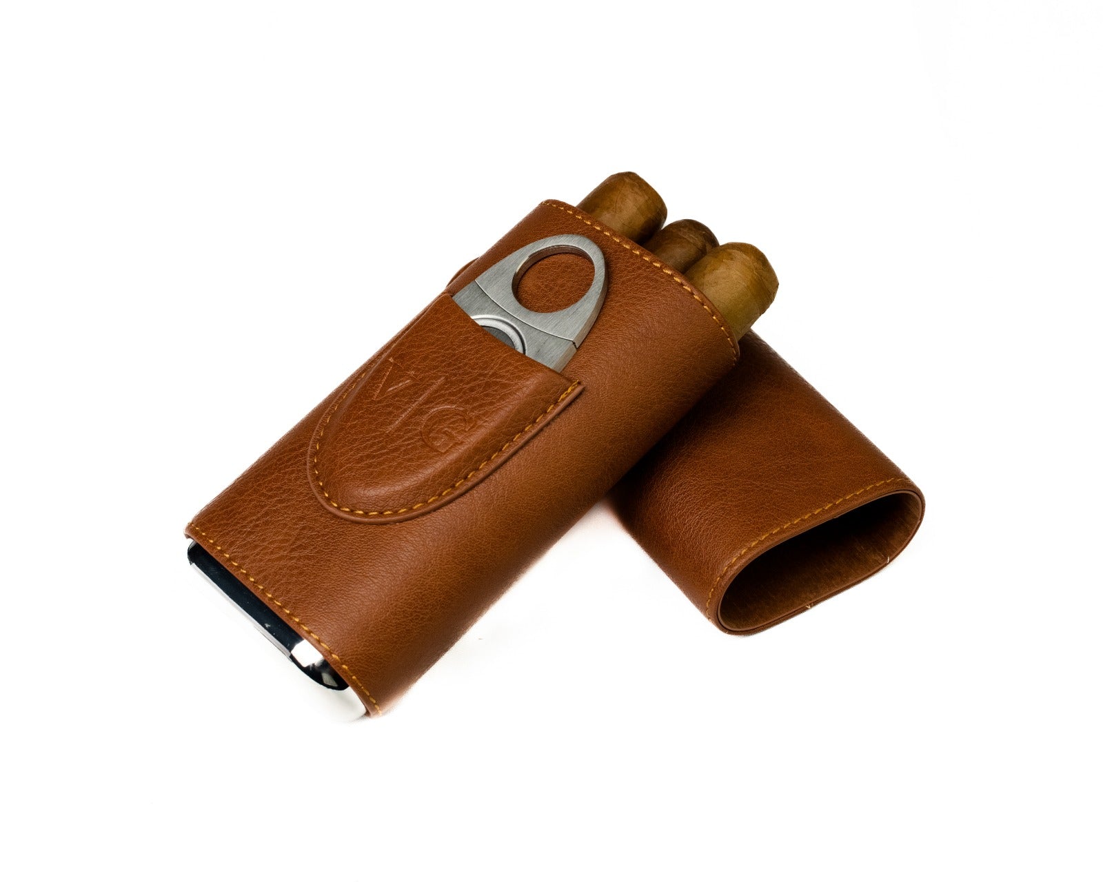 Light Brown Leather Cigar Case - Cutter Included