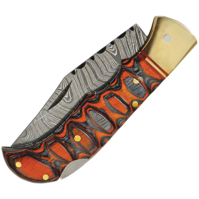 Grooved Lockback Damascus Pocket Knife- Burnt Orange
