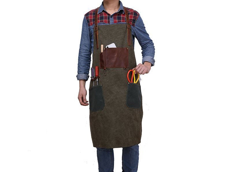 Leather And Waxed Canvas Apron- Bartender | Barista | Craftsman Apron