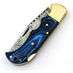 Blue Damascus Lockback Pocket Knife