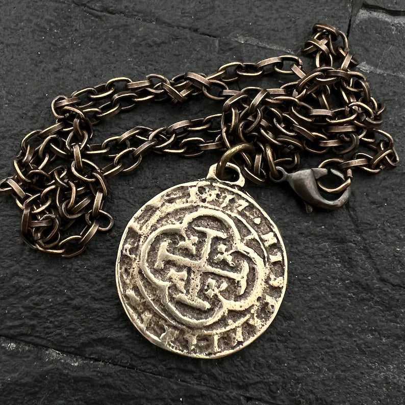 Bronze Old Spanish Coin Doubloon Necklace Vintage Gentlemen