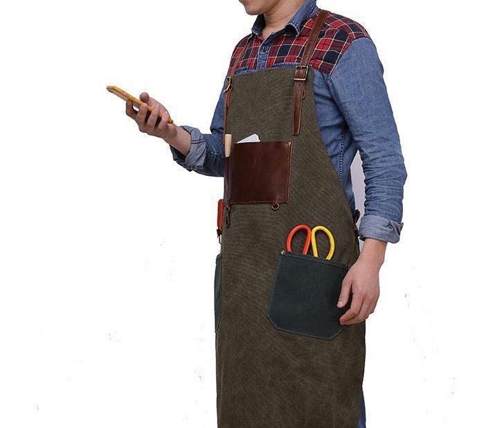 Leather And Waxed Canvas Apron- Bartender | Barista | Craftsman Apron