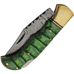 Grooved Lockback Damascus Steel Pocket Knife- Green
